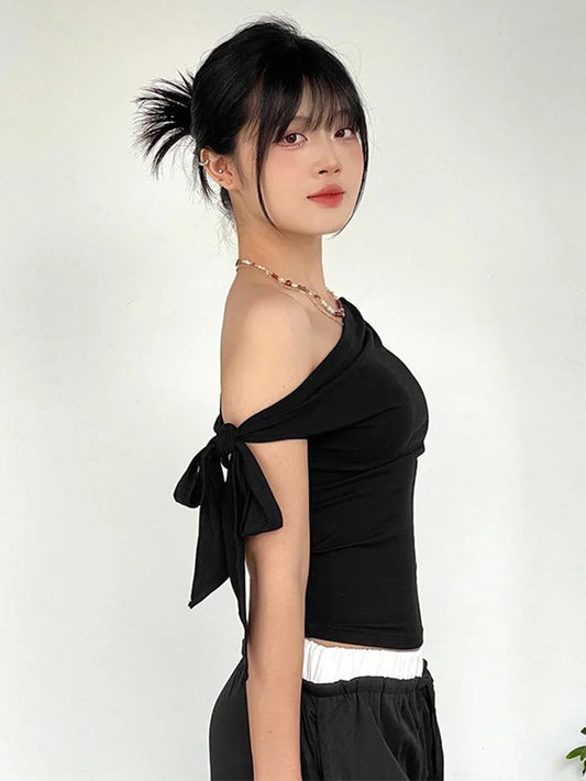 Adora Milano Women'S Summer  One-Shoulder Crop Top Backless Twist T-Shirt Casual Top