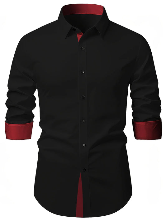 Adora Milano Camicia da uomo nuova di zecca Tinta unita Manica lunga Smart Casual Nero Elasticizzato