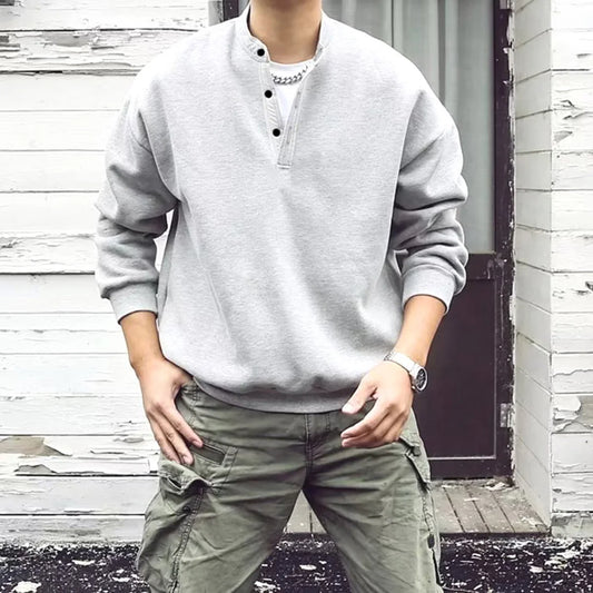 Felpa Girocollo da Uomo Vestibilità Larga Tinta Unita Colletto Henry Moda Primaverile Stile Retrò Giapponese Streetwear
