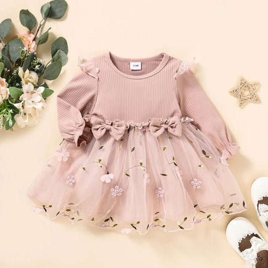 Vestito a rete Adora Milano per bambina rosa chiaro con fiori da principessa a maniche lunghe sottili