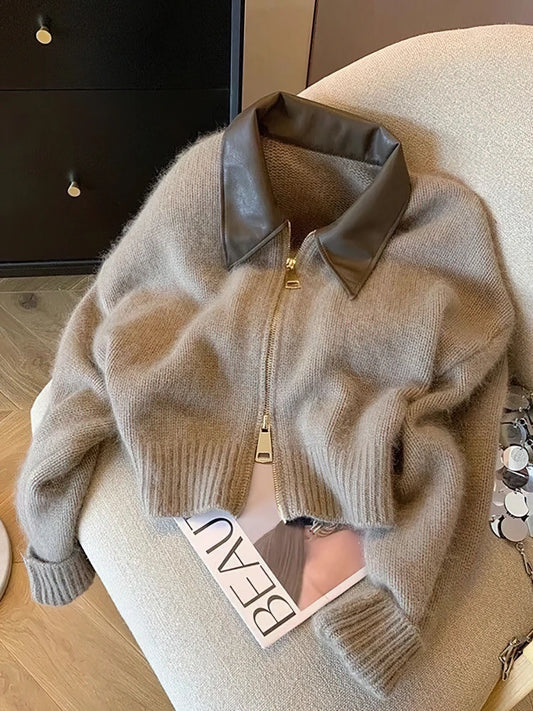Adora Milano Reißverschluss-Cardigan kurz Damen Dicker Herbststrickpullover