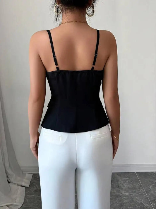 Adora Milano Women's Casual Tank Top Spring Summer Black Top Spaghetti Strap Sweetheart