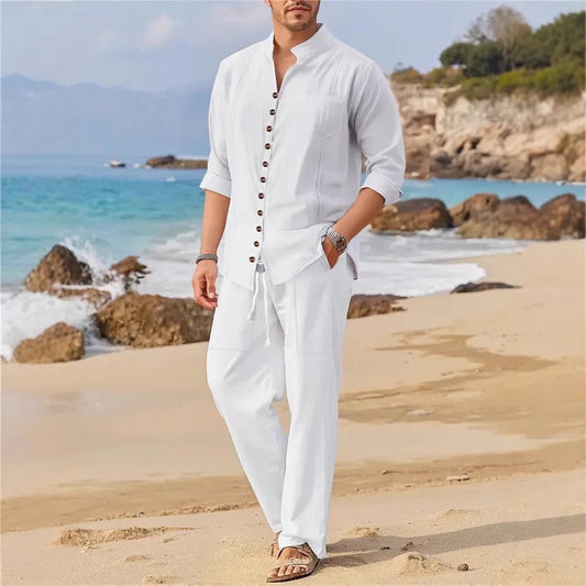 Completo da uomo in cotone e lino alla moda, con colletto alla coreana, maniche lunghe, due pezzi, stile primavera/autunno, 100% fibra naturale