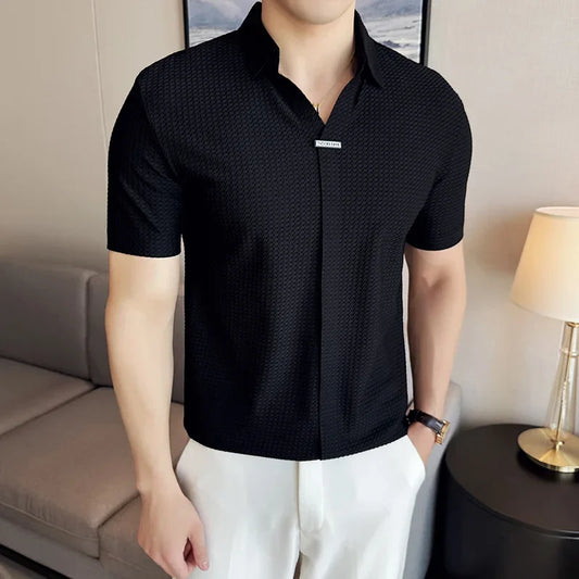 Polo da uomo in waffle, stile britannico 2026, estiva, in seta ghiaccio, sottile, tinta unita, casual, vestibilità slim elasticizzata, a maniche corte, abbigliamento maschile