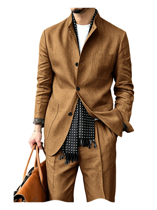 Abito da uomo in misto lino, due pezzi, con colletto alla coreana e tre bottoni, blazer e pantaloni traspiranti e casual, per il lavoro quotidiano estivo