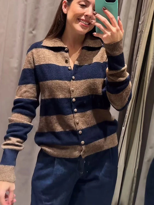 Adora Milano Strickjacke für Damen, einreihig, langärmelig, gestreift