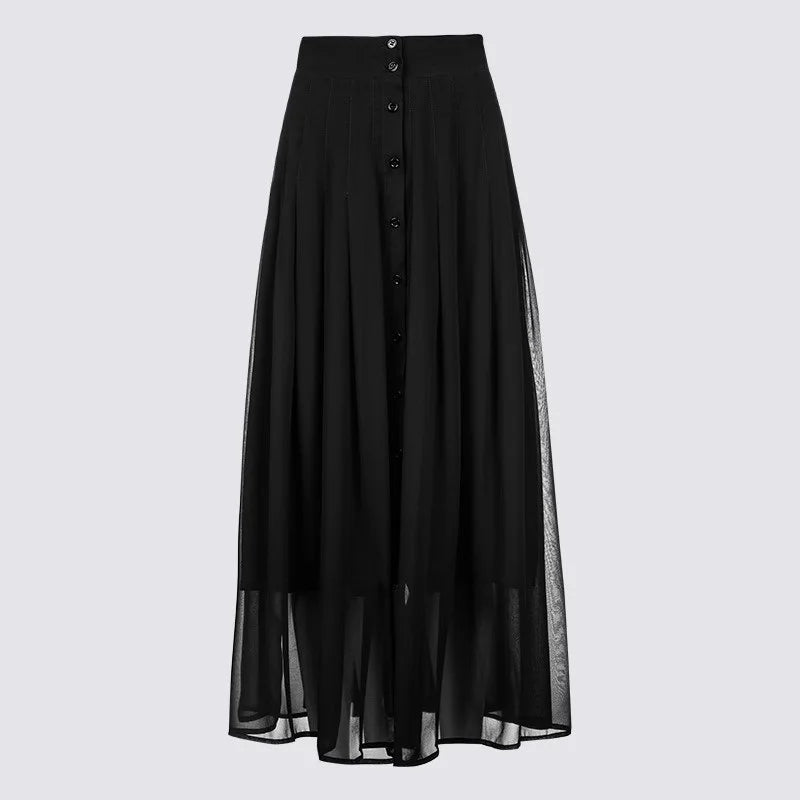 Women New Front Button Black Skirt long High Waist  A-Line Summer Skirt Women Sexy Slit Party Chiffon Faldas Mujer Saias Jupe