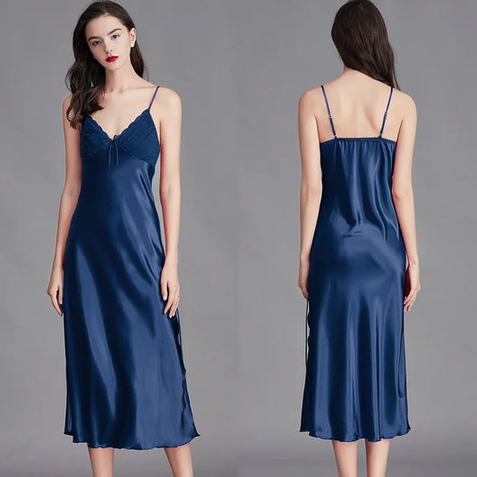 Adora Milano Damen langes, ärmelloses Nachthemd Satin Seide Chemise Dessous Unterkleid