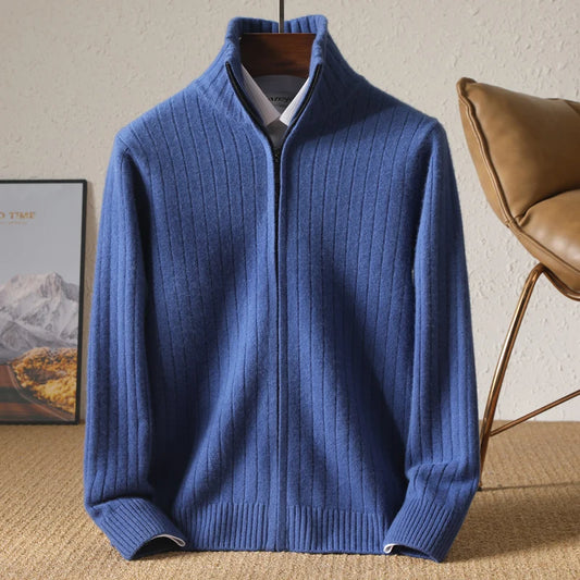 Cardigan da uomo 100% lana merino con collo alto, casual, in maglia, da lavoro, con cerniera, autunno inverno, versatile, caldo, giacca da uomo in cashmere