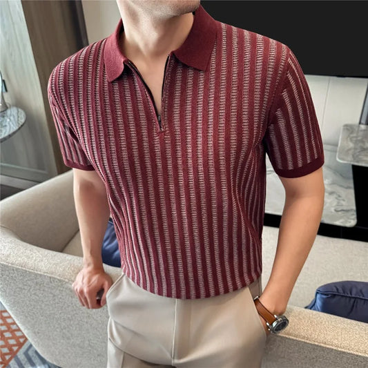 Polo Uomo A Righe Elasticizzata T-shirt Manica Corta Estiva Maglia Alla Moda Casual Polo in Maglia con Mezza Cerniera Abbigliamento Uomo