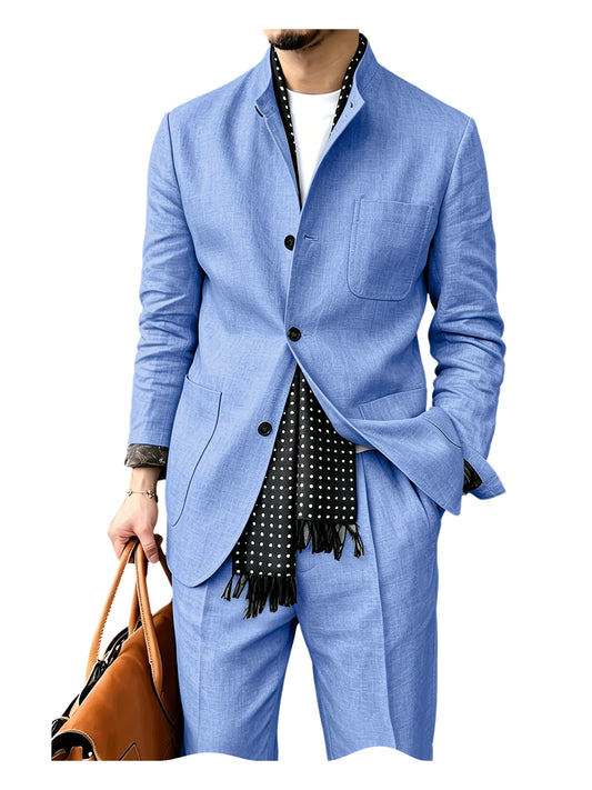 Abito da uomo in misto lino, due pezzi, con colletto alla coreana e tre bottoni, blazer e pantaloni traspiranti e casual, per il lavoro quotidiano estivo