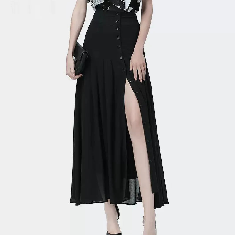 Women New Front Button Black Skirt long High Waist  A-Line Summer Skirt Women Sexy Slit Party Chiffon Faldas Mujer Saias Jupe