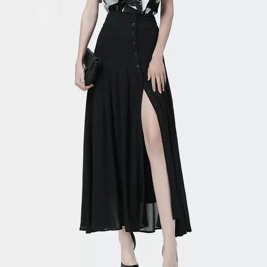 Women New Front Button Black Skirt long High Waist  A-Line Summer Skirt Women Sexy Slit Party Chiffon Faldas Mujer Saias Jupe