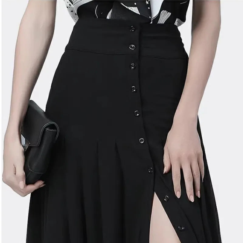Women New Front Button Black Skirt long High Waist  A-Line Summer Skirt Women Sexy Slit Party Chiffon Faldas Mujer Saias Jupe
