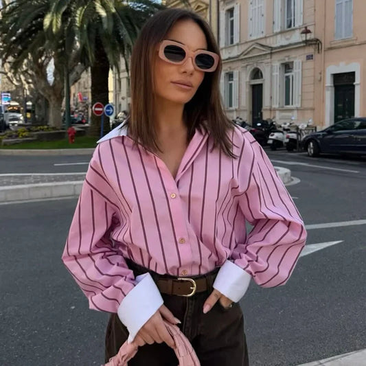 Camicia da donna Adora Milano Nuova moda primavera estate con polsini a contrasto a righe rosa vestibilità morbida per donna