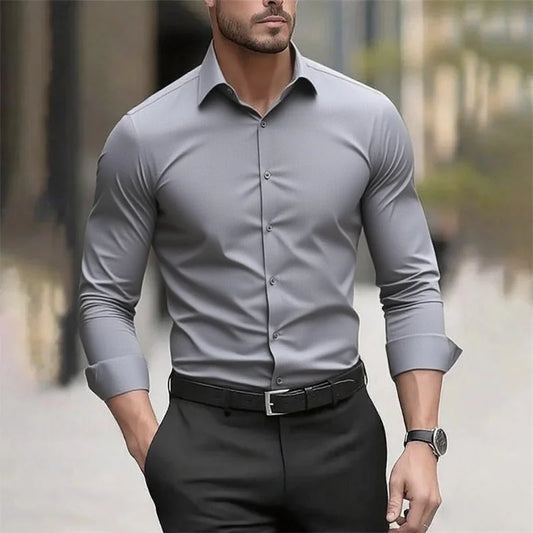 Camicia casual da uomo Adora Milano bianca, in tinta unita di alta qualità, a maniche lunghe, in tessuto elasticizzato,