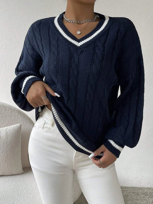 Adora Milano V-Neck-Oberteil für Damen, zweifarbiger Strickpullover mit langen Ärmeln, locker geschnitten