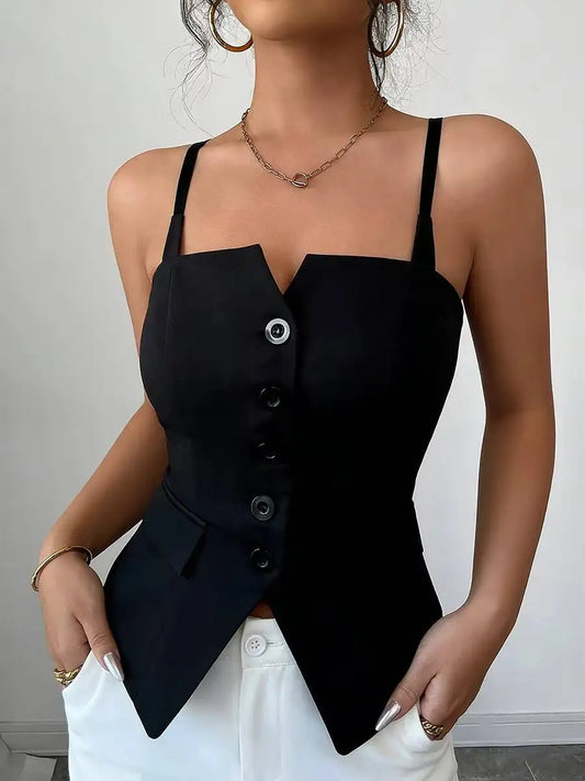 Adora Milano Women's Casual Tank Top Spring Summer Black Top Spaghetti Strap Sweetheart