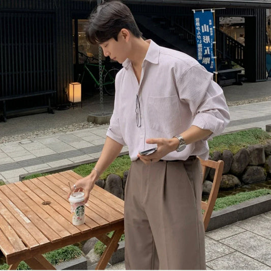 Camicia a righe da uomo oversize di nicchia, Cappotto con camicia a maniche lunghe alla moda primavera/autunno per tutti gli abbinamenti, Casual coreano unisex da esterno