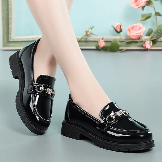 Scarpe Mary Jane da donna con plateau, punta tonda, nuove in primavera, catena in metallo, casual, in morbida pelle verniciata, mocassini slip-on da ufficio, taglie 35-41