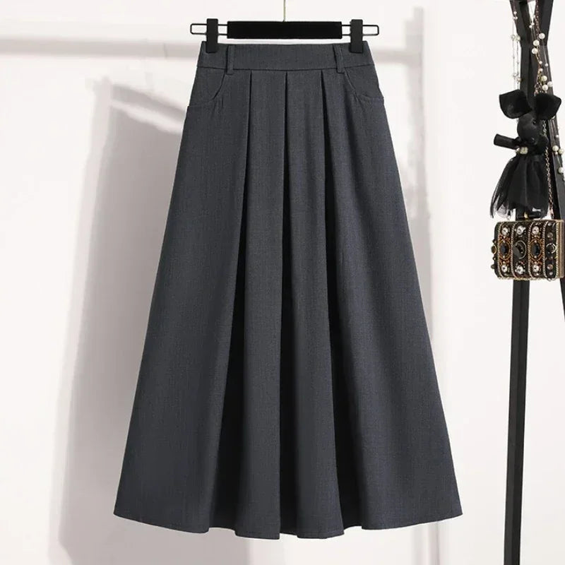 2025 Solid Color Versatile Medium Length Skirt Pleated Plus Size A-Line Maxi Gown Cover Hip Spring Summer New Half-length Skirt