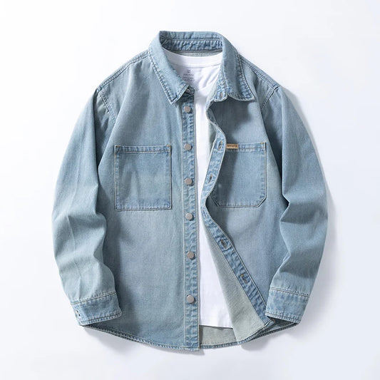 Camicia da uomo vintage americana in denim sottile non elasticizzato, versatile e dalla vestibilità ampia