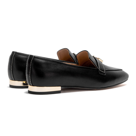 Mocassini da donna in pelle con dettaglio lucchetto color oro, punta quadrata, tacco basso, Penny, casual da ufficio, scarpe eleganti slip-on da donna