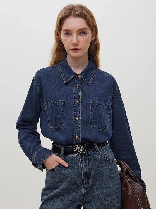 Adora Milano Deep Blue Soft Denim Hemd Damen Freizeit Hemd Blau Damen Oberteile