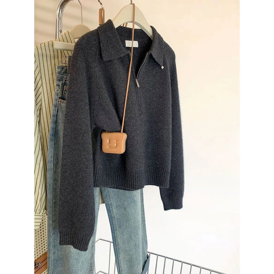 Adora Milano Damen Strickpullover Halb-Reißverschluss Neu Herbst Winter V-Ausschnitt Langarm