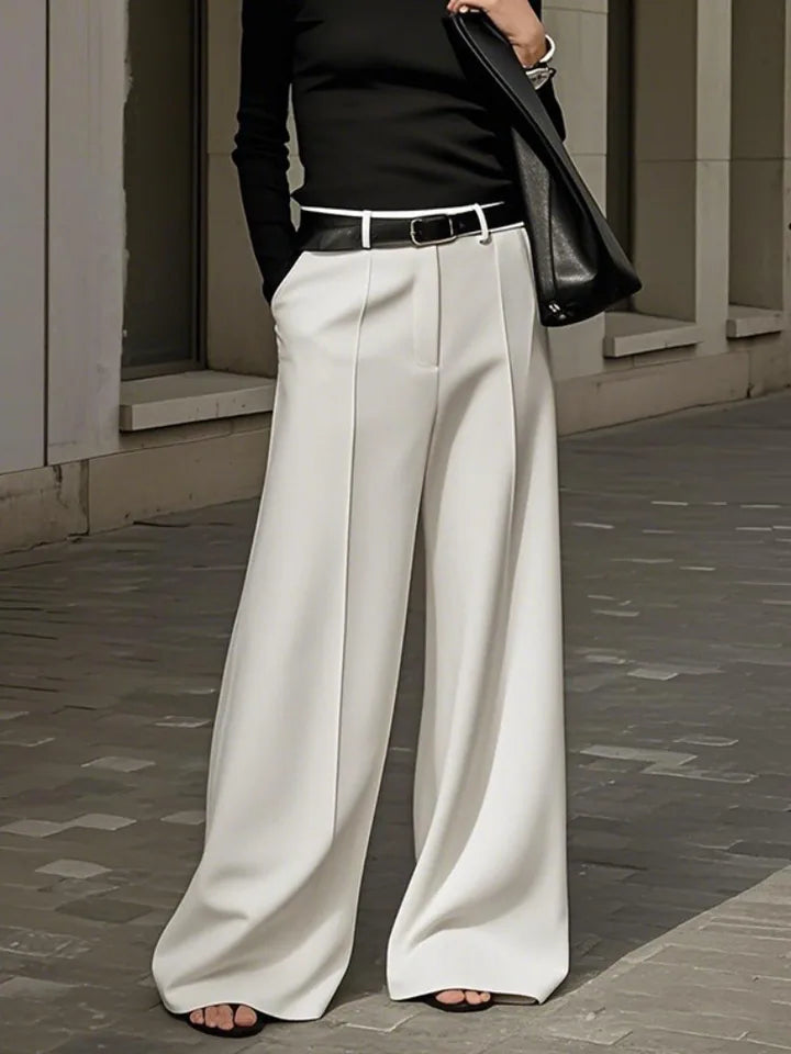 UOOZEE Office Lady Black White Solid Color Wide Leg Pants 2025 New Elastic High Waist Urban Commute Simple Trousers No Belt