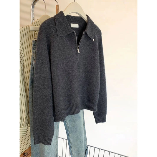 Adora Milano Damen Strickpullover Halb-Reißverschluss Neu Herbst Winter V-Ausschnitt Langarm