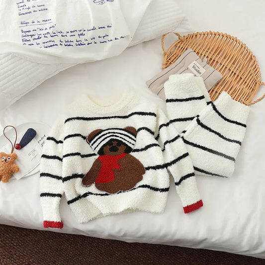 Adora Milano Completo Pigiama Invernale per Bambini Orsetto in Cotone Patchato Bambine Felpa