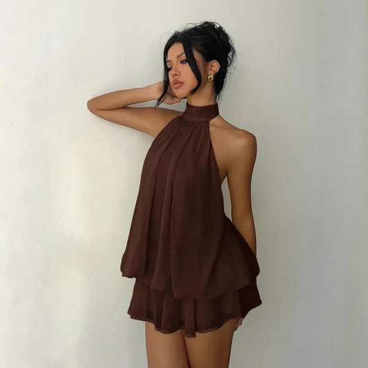Adora Milano Women's Halter Neck Dress, Backless Tie-Front Chiffon Sheer Mini Skirt