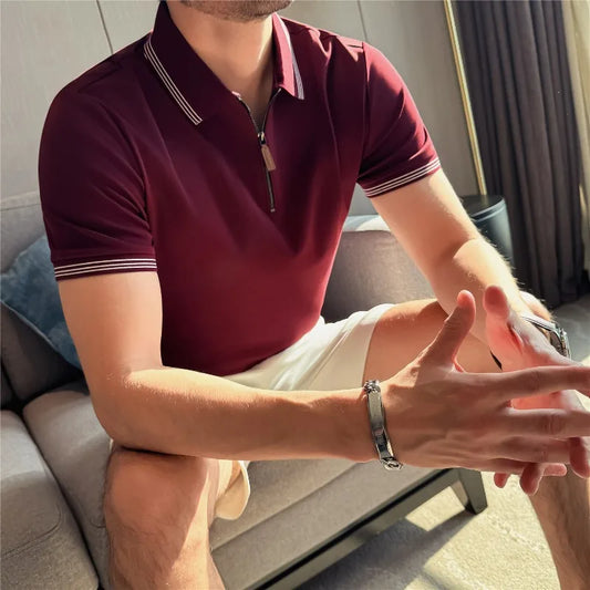 Polo Uomo Elasticizzata Tinta Unita Estiva Casual Sportiva con Cerniera Manica Corta Moda Slim Fit Abbigliamento Uomo