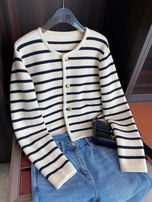 Adora Milano Gestreifter Strickcardigan Damen Frühling Einreihig Langarm Crop Tops