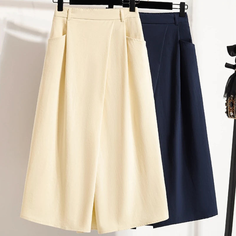 Women Plus Size Skirt Summer 2025 New High Waist Irregular Mid Long Skirt Woman Elastic Waist A Line Pleated Big Size Skirts