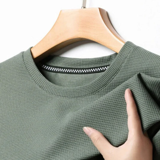 Nuova T-shirt estiva a maniche corte da uomo con scollo rotondo in waffle