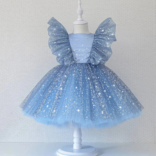 Abito di lusso Adora Milano per neonate con maniche a farfalla e stelle, per il 1° compleanno