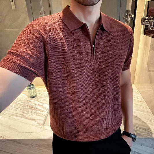 Polo Estiva Sottile a Maniche Corte con Mezza Zip, Tinta Unita, Taglio Ampio e Casual, Top ad Alta Elasticità, Traspirante, Maglietta alla Moda, Abbigliamento Uomo