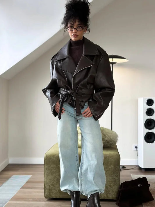 Adora Milano Giacche Corte da Donna in Pelle Rossa Scuro Casual con Cerniera