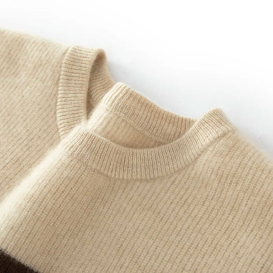 MVLYFLRT Maglione da uomo in 100% cashmere girocollo, lavorato a maglia, casual, a righe color block, pullover alla moda, base lavorata a maglia in stile retrò