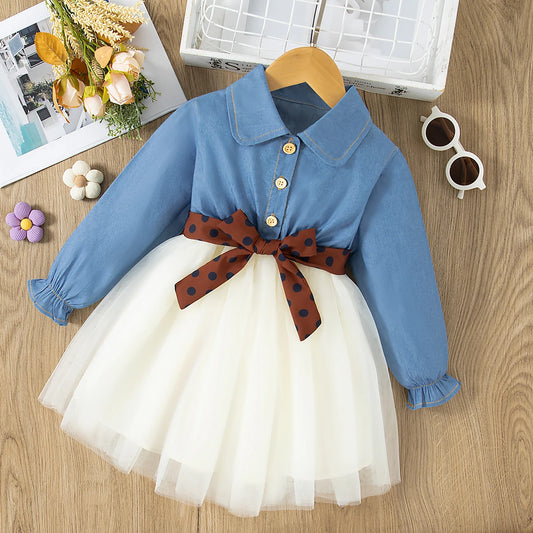 Adora Milano Abito a Maniche Lunghe Primavera Bambina Vestito in Jeans Blu Due Pezzi