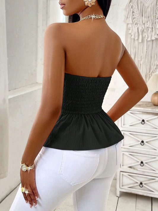 Adora Milano Top Solid Black Slim Fit Peplum Wrap Front Belted Waist Spring Summer Casual
