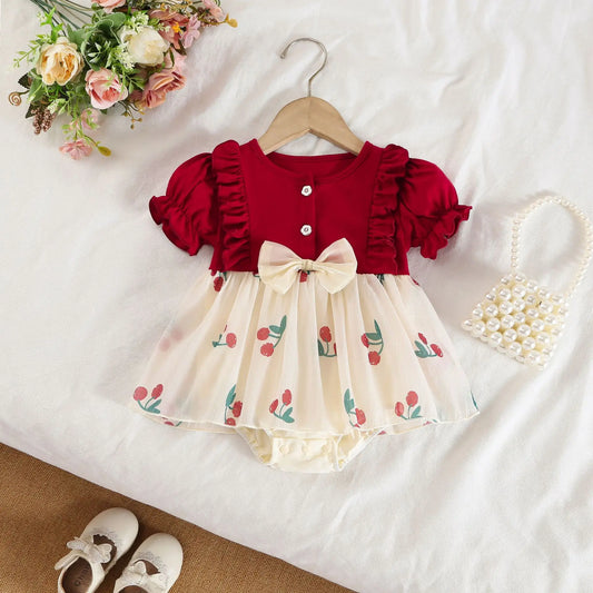 Adora Milano Body Vestito 3-18 M Stampa Ciliegie Maniche Lunghe Rouches Fiocco Carino