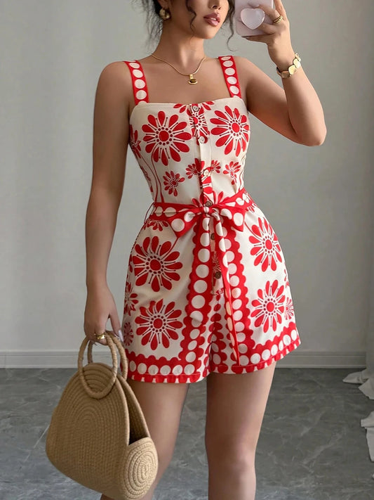 Adora Milano Damen Playsuit Sommer Träger-Overall Rot Geblümt Karreeausschnitt Ärmellos