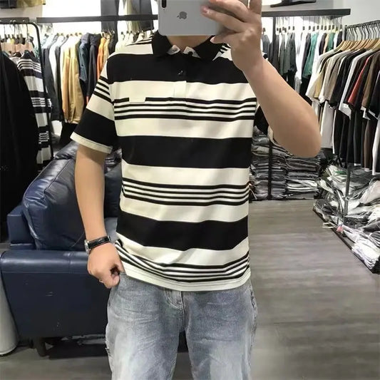 Adora Milano Polo a Maniche Corte a Righe Sottili Casual Top da Uomo di Tendenza Estiva