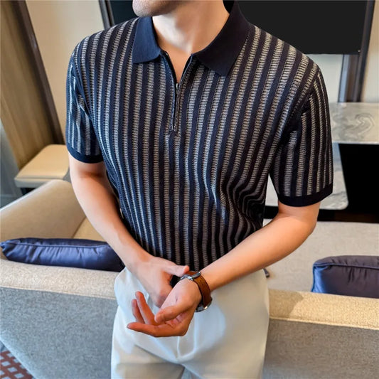 Polo Uomo A Righe Elasticizzata T-shirt Manica Corta Estiva Maglia Alla Moda Casual Polo in Maglia con Mezza Cerniera Abbigliamento Uomo