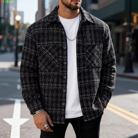 Giacca da uomo a righe nere a maniche lunghe per primavera e autunno; Cappotto bianco a quadri monopetto con risvolto; Top unisex a vestibilità larga.
