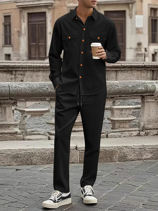 Nuovo abito casual da uomo in velluto a coste stile workwear, camicia a maniche lunghe e pantaloni lunghi, due pezzi, per l'inverno transfrontaliero