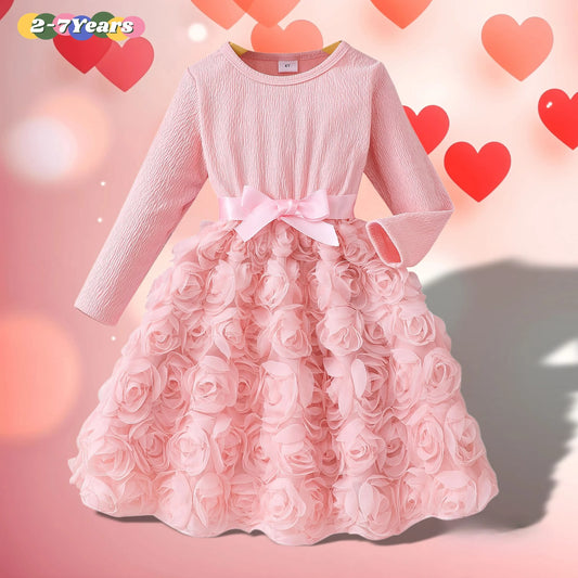 Adora Milano Abito per bambini a maniche lunghe in garza rosa con cintura a rose per la primavera e l'autunno